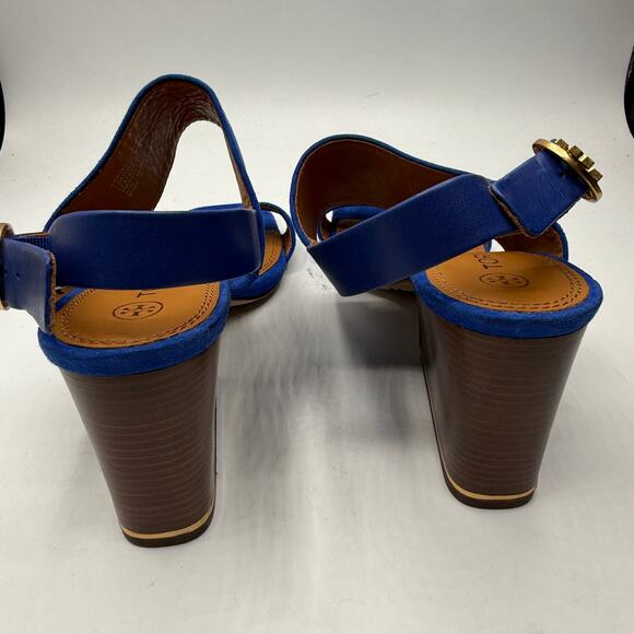 Tory Burch Women's Leather Selby Block-Heel Sandals Blue Size 9 - Picture 4 of 10